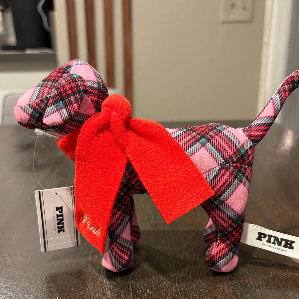 Pink Plaid Dog with Red Scarf